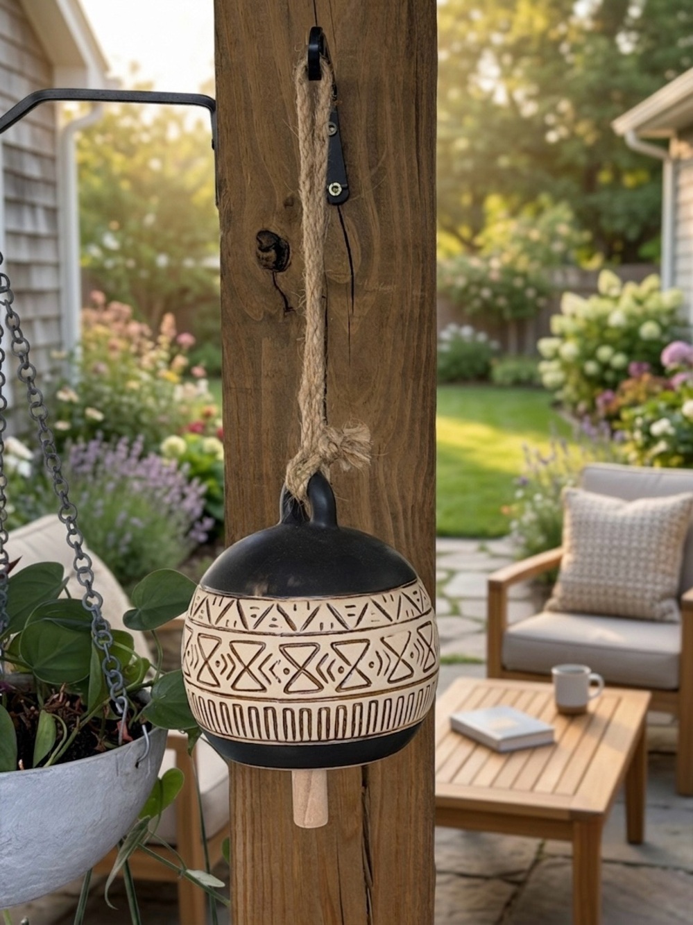 Handmade Ceramic Bell Wind Chime, Tribal Geometric Pottery Hanging Bell